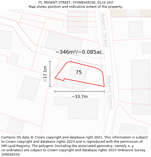 75, REGENT STREET, STONEHOUSE, GL10 2AA: Plot and title map