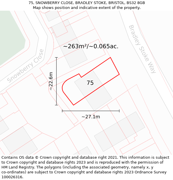 75, SNOWBERRY CLOSE, BRADLEY STOKE, BRISTOL, BS32 8GB: Plot and title map