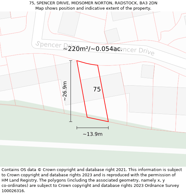 75, SPENCER DRIVE, MIDSOMER NORTON, RADSTOCK, BA3 2DN: Plot and title map