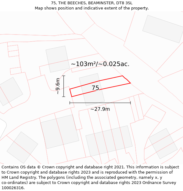 75, THE BEECHES, BEAMINSTER, DT8 3SL: Plot and title map