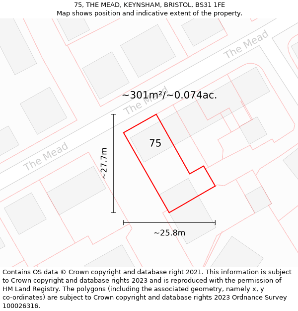 75, THE MEAD, KEYNSHAM, BRISTOL, BS31 1FE: Plot and title map