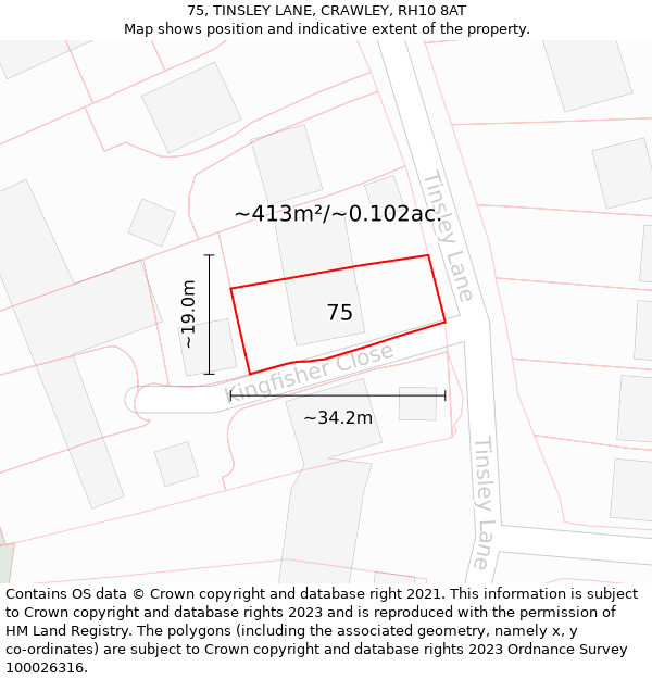 75, TINSLEY LANE, CRAWLEY, RH10 8AT: Plot and title map