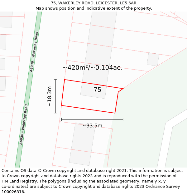 75, WAKERLEY ROAD, LEICESTER, LE5 6AR: Plot and title map