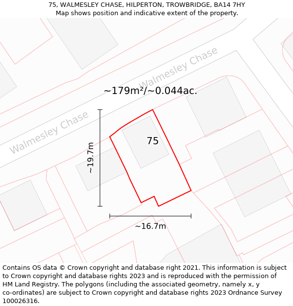 75, WALMESLEY CHASE, HILPERTON, TROWBRIDGE, BA14 7HY: Plot and title map