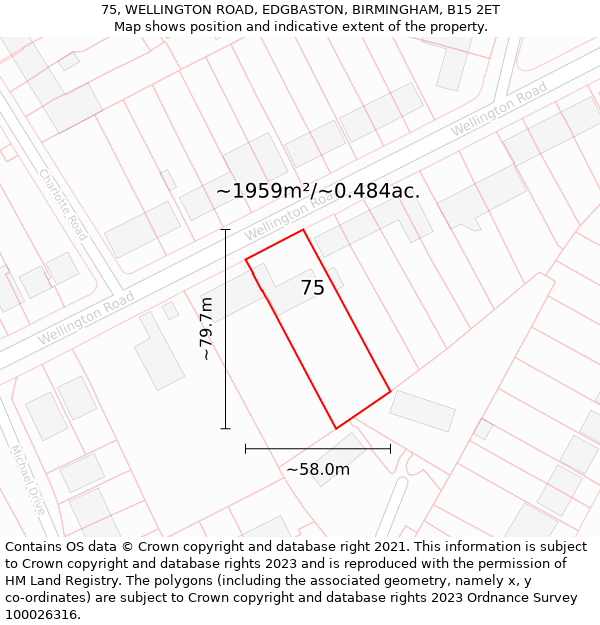 75, WELLINGTON ROAD, EDGBASTON, BIRMINGHAM, B15 2ET: Plot and title map