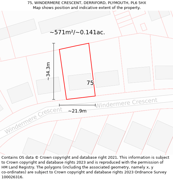 75, WINDERMERE CRESCENT, DERRIFORD, PLYMOUTH, PL6 5HX: Plot and title map