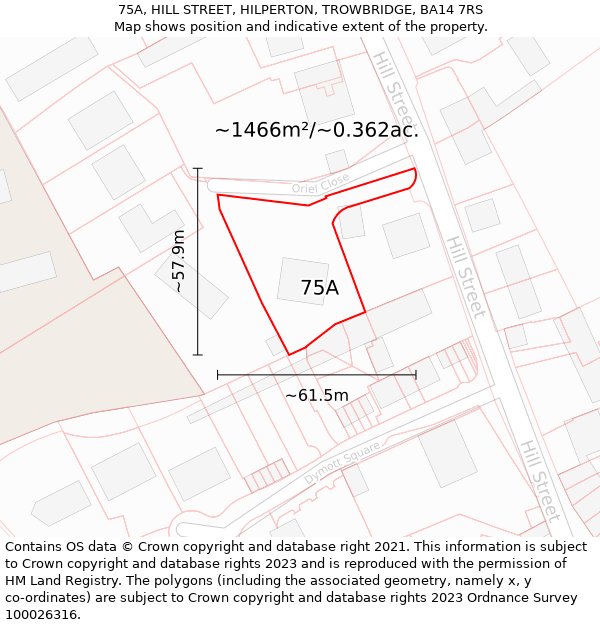 75A, HILL STREET, HILPERTON, TROWBRIDGE, BA14 7RS: Plot and title map