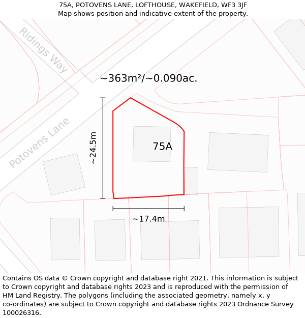 75A, POTOVENS LANE, LOFTHOUSE, WAKEFIELD, WF3 3JF: Plot and title map