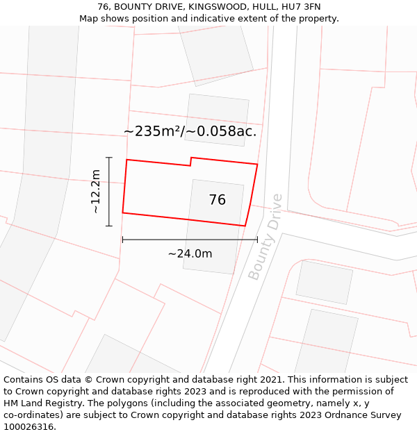 76, BOUNTY DRIVE, KINGSWOOD, HULL, HU7 3FN: Plot and title map