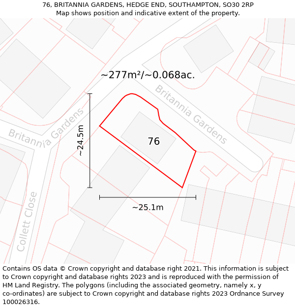 76, BRITANNIA GARDENS, HEDGE END, SOUTHAMPTON, SO30 2RP: Plot and title map