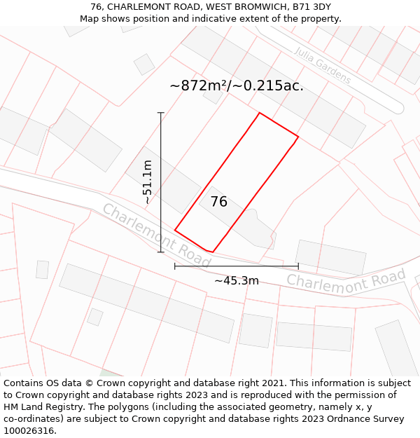 76, CHARLEMONT ROAD, WEST BROMWICH, B71 3DY: Plot and title map