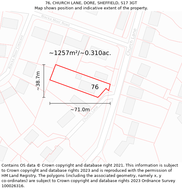 76, CHURCH LANE, DORE, SHEFFIELD, S17 3GT: Plot and title map