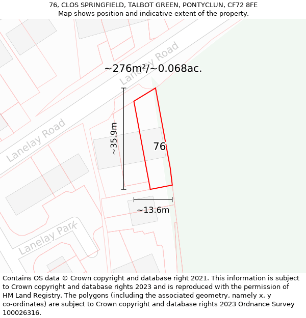 76, CLOS SPRINGFIELD, TALBOT GREEN, PONTYCLUN, CF72 8FE: Plot and title map