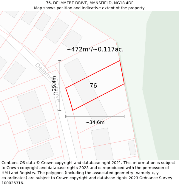 76, DELAMERE DRIVE, MANSFIELD, NG18 4DF: Plot and title map