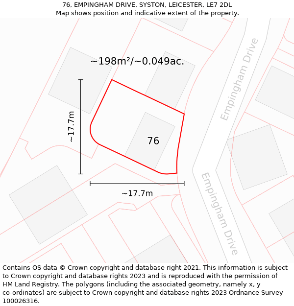 76, EMPINGHAM DRIVE, SYSTON, LEICESTER, LE7 2DL: Plot and title map