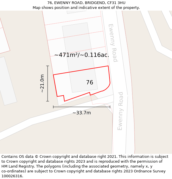 76, EWENNY ROAD, BRIDGEND, CF31 3HU: Plot and title map