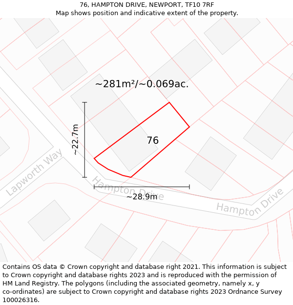 76, HAMPTON DRIVE, NEWPORT, TF10 7RF: Plot and title map