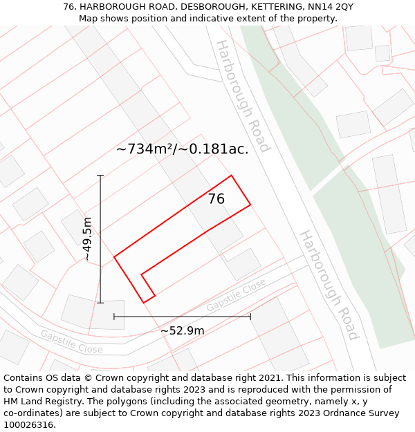 76, HARBOROUGH ROAD, DESBOROUGH, KETTERING, NN14 2QY: Plot and title map