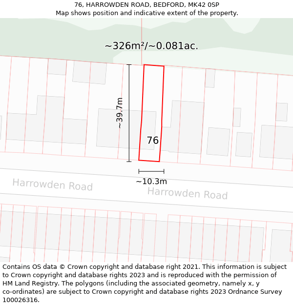 76, HARROWDEN ROAD, BEDFORD, MK42 0SP: Plot and title map