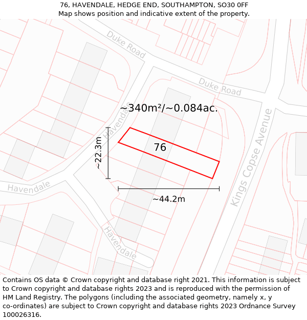 76, HAVENDALE, HEDGE END, SOUTHAMPTON, SO30 0FF: Plot and title map