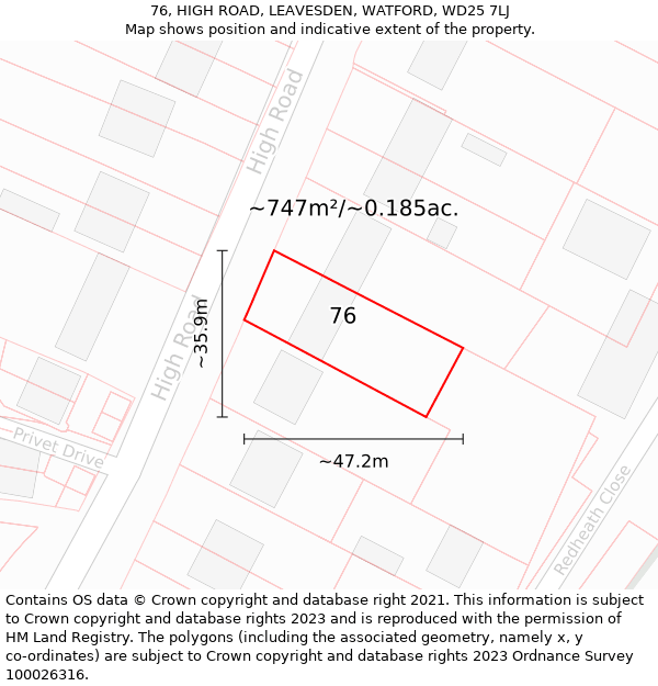 76, HIGH ROAD, LEAVESDEN, WATFORD, WD25 7LJ: Plot and title map