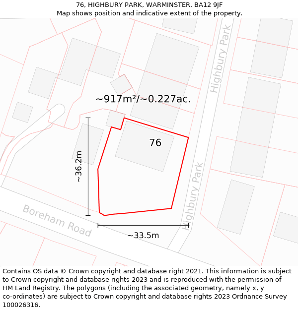 76, HIGHBURY PARK, WARMINSTER, BA12 9JF: Plot and title map