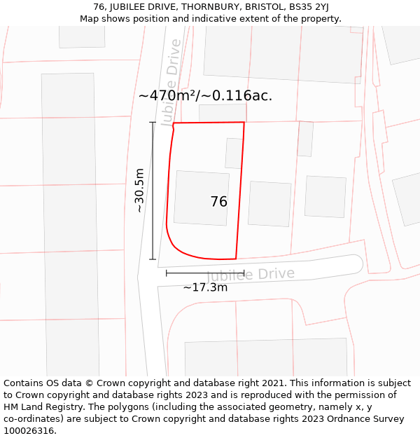 76, JUBILEE DRIVE, THORNBURY, BRISTOL, BS35 2YJ: Plot and title map