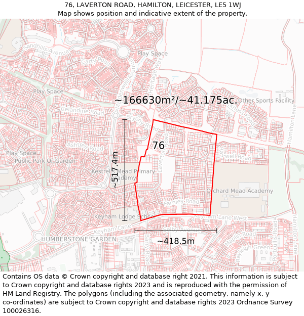 76, LAVERTON ROAD, HAMILTON, LEICESTER, LE5 1WJ: Plot and title map