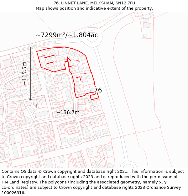 76, LINNET LANE, MELKSHAM, SN12 7FU: Plot and title map