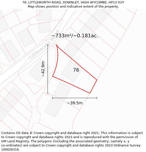 76, LITTLEWORTH ROAD, DOWNLEY, HIGH WYCOMBE, HP13 5UY: Plot and title map