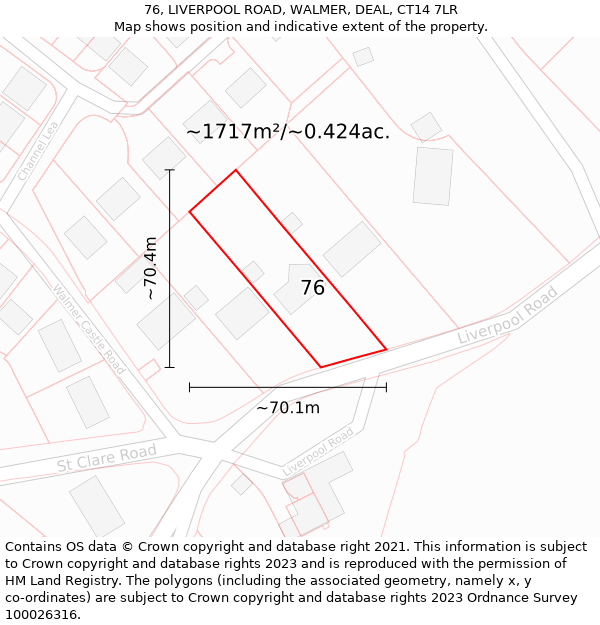 76, LIVERPOOL ROAD, WALMER, DEAL, CT14 7LR: Plot and title map