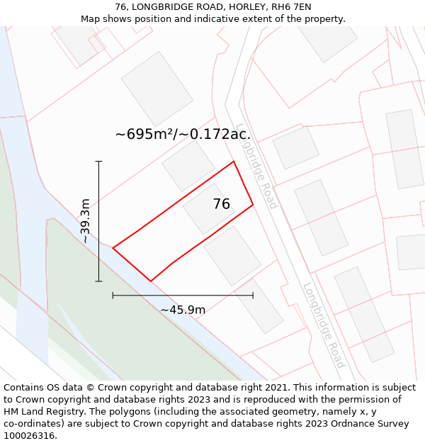76, LONGBRIDGE ROAD, HORLEY, RH6 7EN: Plot and title map
