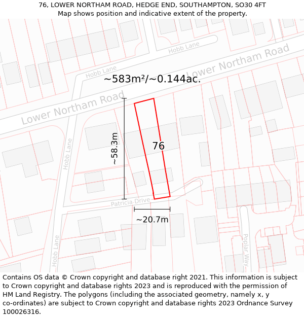 76, LOWER NORTHAM ROAD, HEDGE END, SOUTHAMPTON, SO30 4FT: Plot and title map