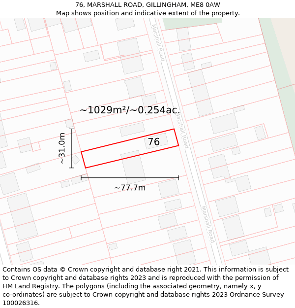 76, MARSHALL ROAD, GILLINGHAM, ME8 0AW: Plot and title map