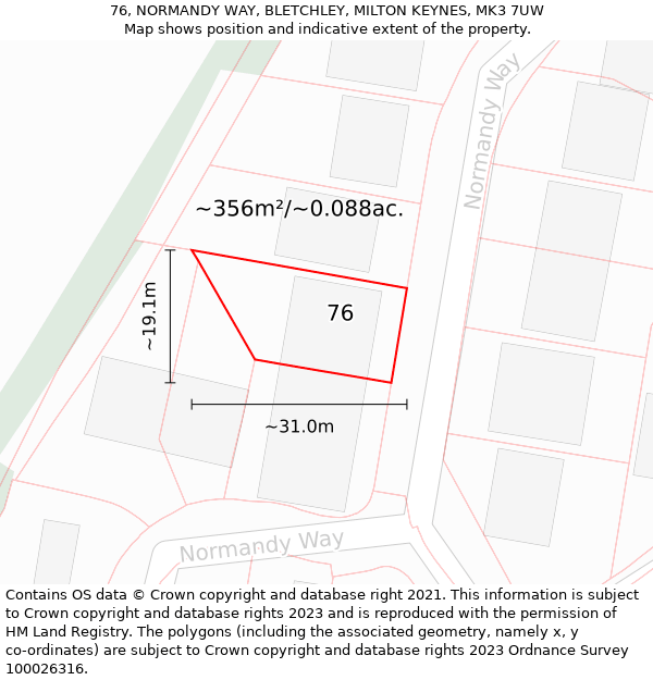 76, NORMANDY WAY, BLETCHLEY, MILTON KEYNES, MK3 7UW: Plot and title map