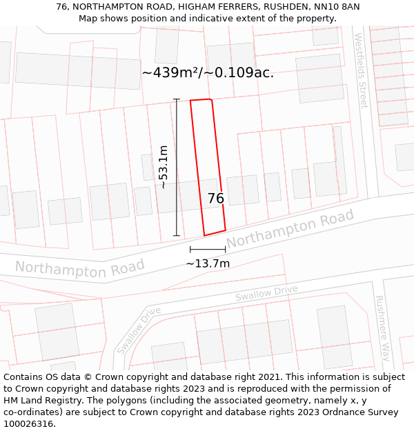 76, NORTHAMPTON ROAD, HIGHAM FERRERS, RUSHDEN, NN10 8AN: Plot and title map