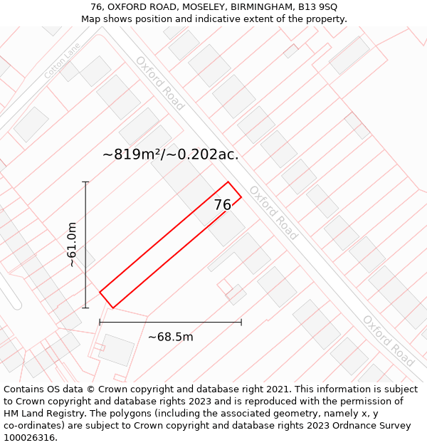 76, OXFORD ROAD, MOSELEY, BIRMINGHAM, B13 9SQ: Plot and title map