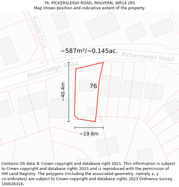 76, PICKERSLEIGH ROAD, MALVERN, WR14 2RS: Plot and title map