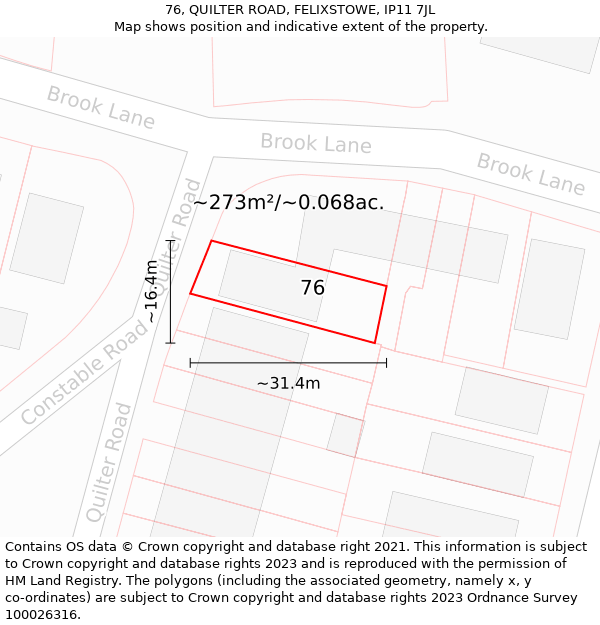 76, QUILTER ROAD, FELIXSTOWE, IP11 7JL: Plot and title map