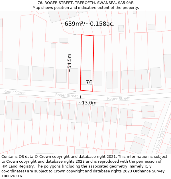 76, ROGER STREET, TREBOETH, SWANSEA, SA5 9AR: Plot and title map