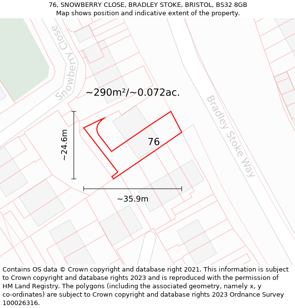 76, SNOWBERRY CLOSE, BRADLEY STOKE, BRISTOL, BS32 8GB: Plot and title map