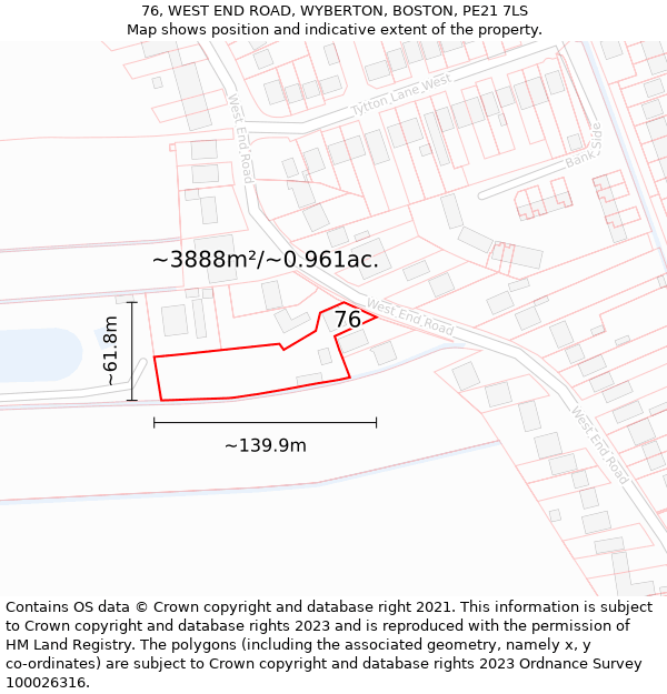 76, WEST END ROAD, WYBERTON, BOSTON, PE21 7LS: Plot and title map