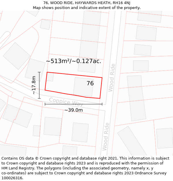 76, WOOD RIDE, HAYWARDS HEATH, RH16 4NJ: Plot and title map