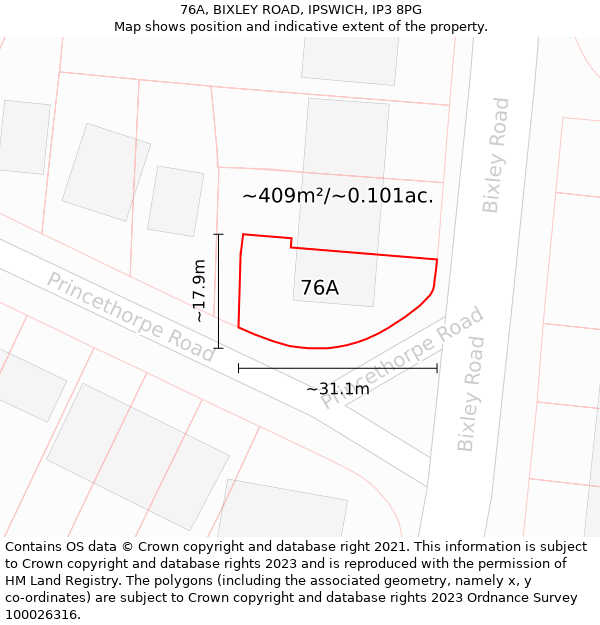 76A, BIXLEY ROAD, IPSWICH, IP3 8PG: Plot and title map