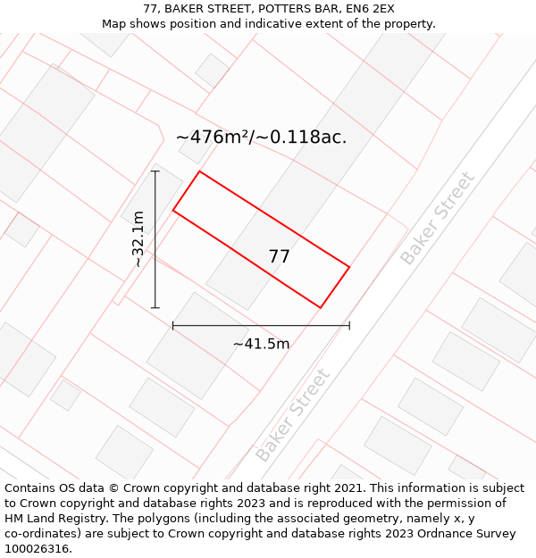 77, BAKER STREET, POTTERS BAR, EN6 2EX: Plot and title map