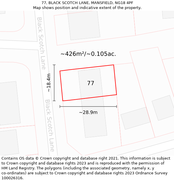 77, BLACK SCOTCH LANE, MANSFIELD, NG18 4PF: Plot and title map