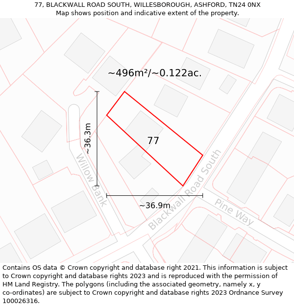 77, BLACKWALL ROAD SOUTH, WILLESBOROUGH, ASHFORD, TN24 0NX: Plot and title map