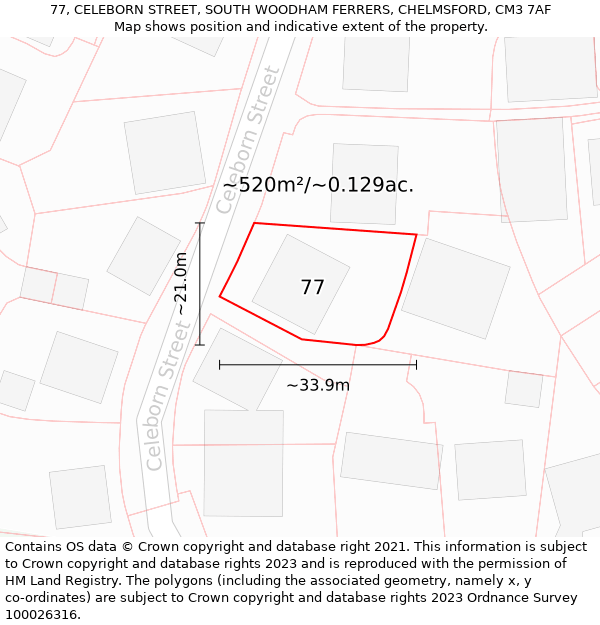 77, CELEBORN STREET, SOUTH WOODHAM FERRERS, CHELMSFORD, CM3 7AF: Plot and title map