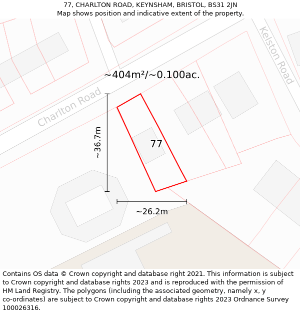 77, CHARLTON ROAD, KEYNSHAM, BRISTOL, BS31 2JN: Plot and title map