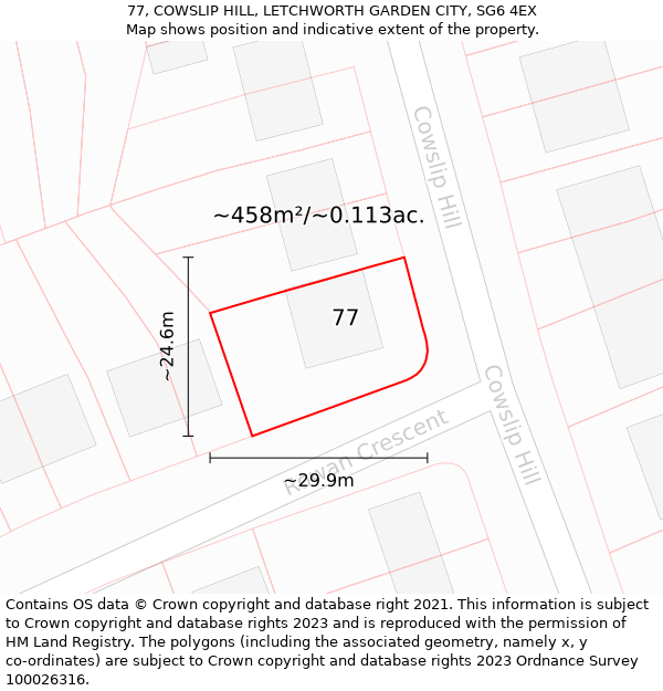 77, COWSLIP HILL, LETCHWORTH GARDEN CITY, SG6 4EX: Plot and title map